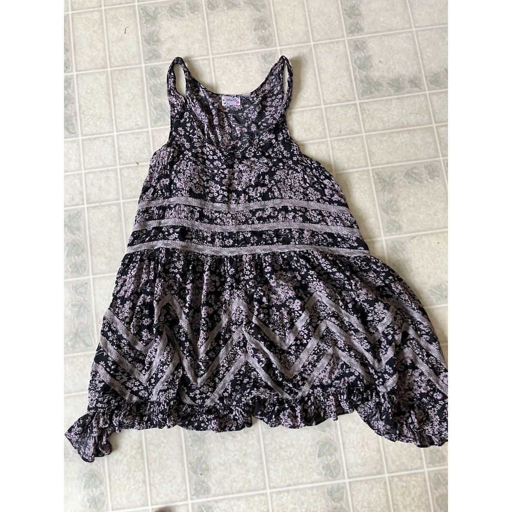 Free People Intimately Med Pink Floral Black Lace Tank Women's Nightgown Dress